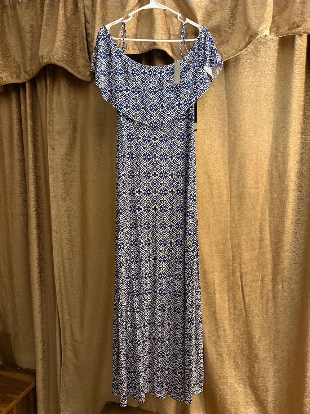 Tart Navy and White Geometric Off-Shoulder Maxi Dress